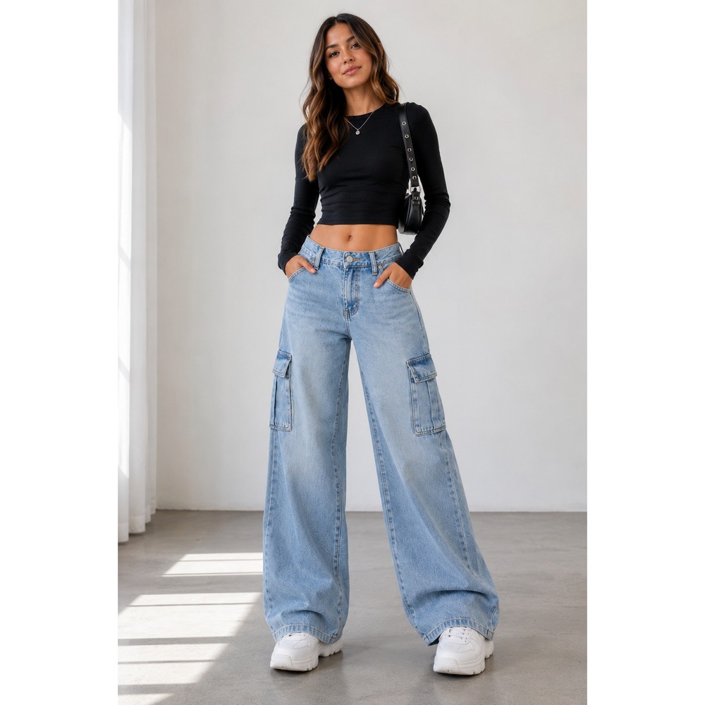 Scoop Womens 2 Cargo Jeans Y2K Wide Leg Baggy Light Wash Utility Denim Streetwea